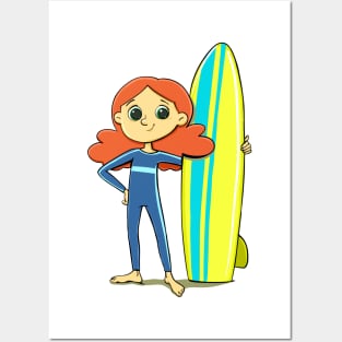 girl dressed in a swimming suit with a surfboard on the water Posters and Art